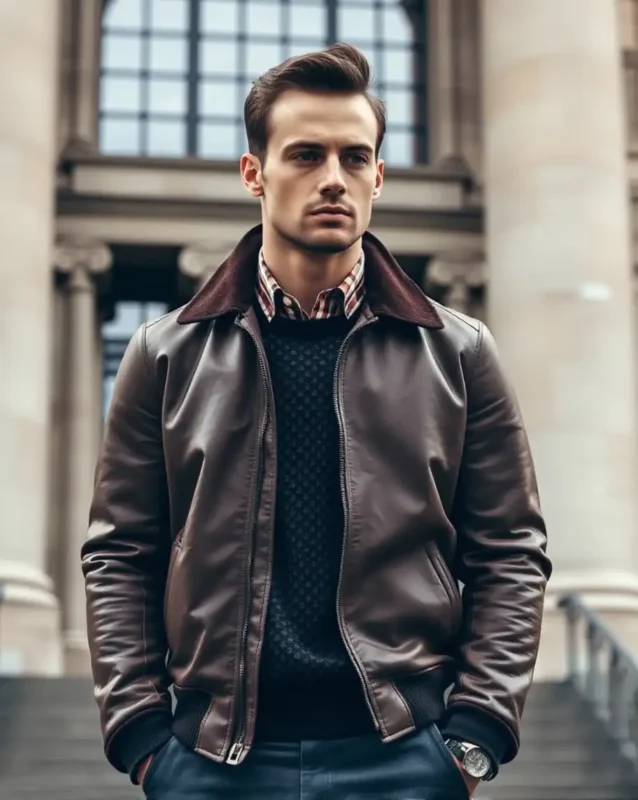 brown leather bomber jacket
