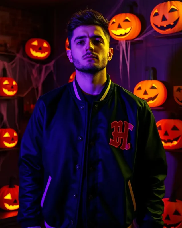 black varsity bomber jacket.