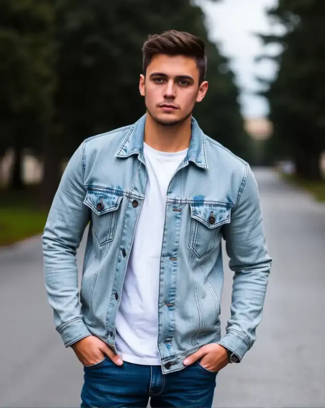 Man wearing must-have jacket, a light blue denim trucker jacket over a white T-shirt.
