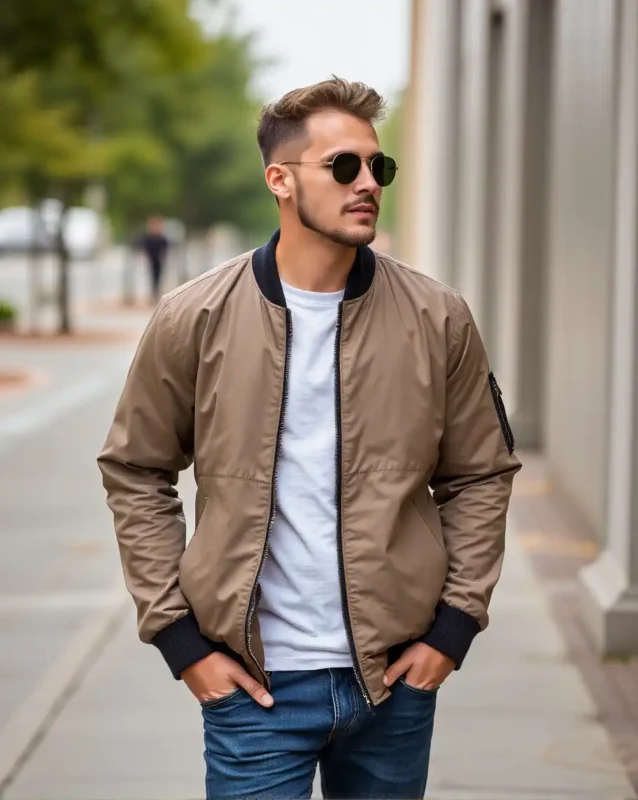 Man wearing must-have jacket, a khaki lightweight bomber jacket with black accents.