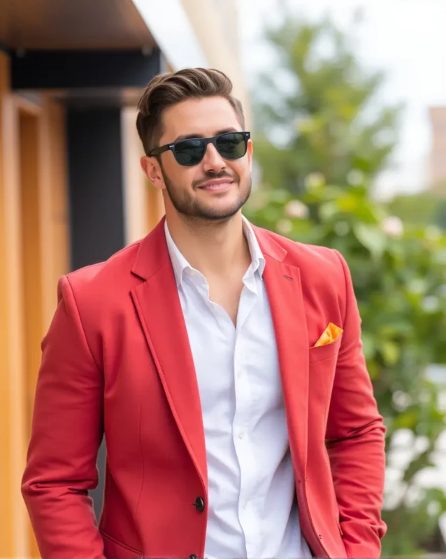 Man wearing must-have jacket, a red smart blazer jacket with a confident smile.