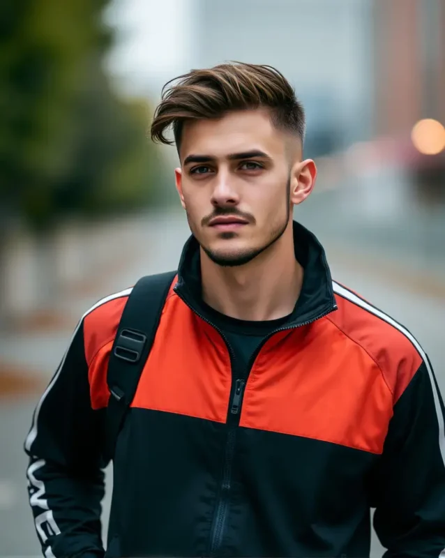 Man wearing must-have jacket, a black and red sporty track jacket on a city street.