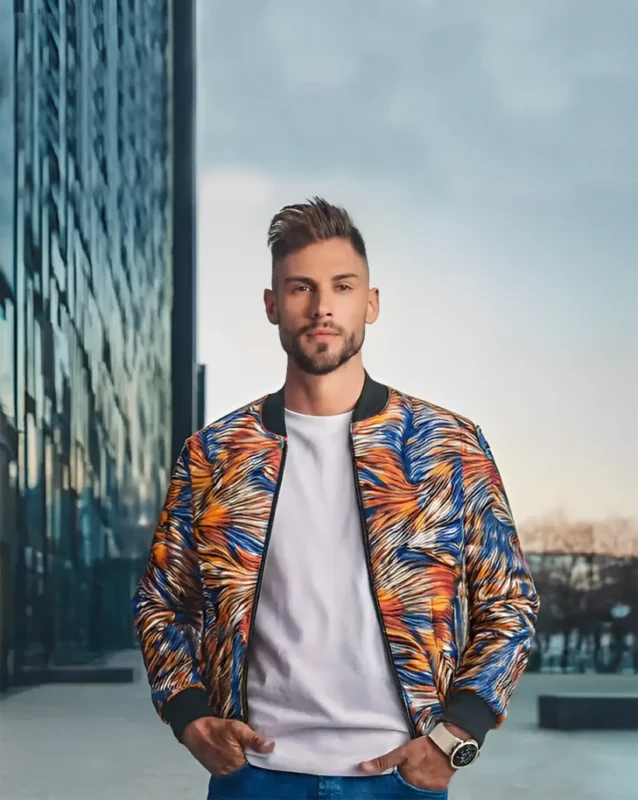 colorful bomber jacket.