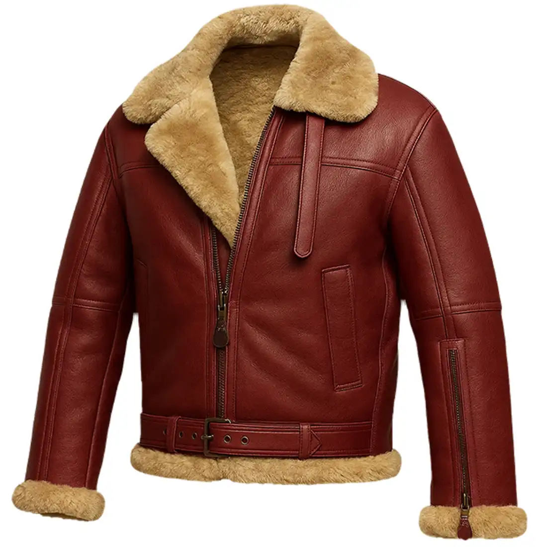 Men's Shearling Leather Aviator RAF Bomber Jacket - Maroon Men's Shearling Leather Aviator RAF Bomber Jacket