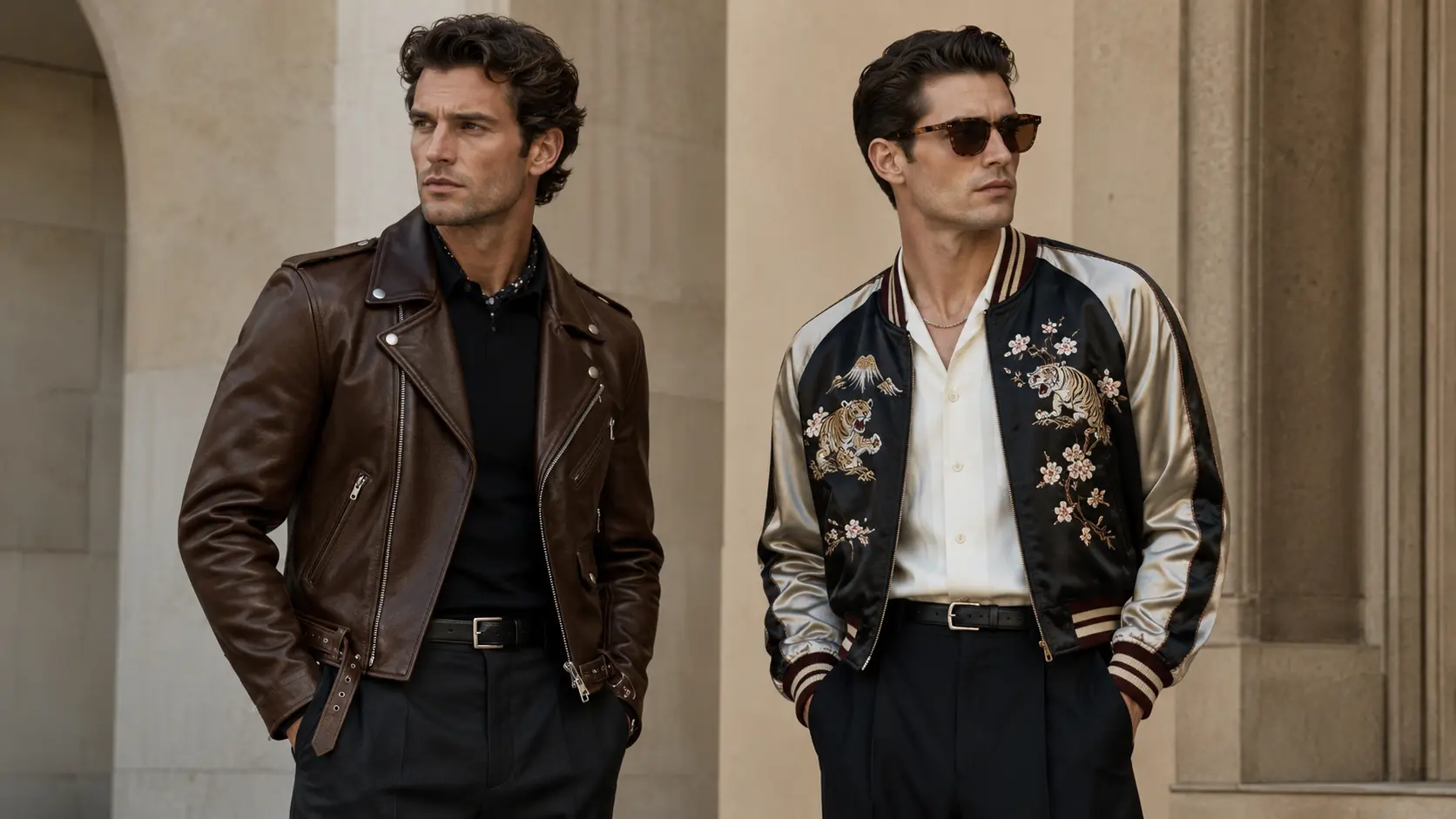 Mens Cropped Leather Jacket, Short Cafe Racer Moto Coat, Sukajan Bomber Jacket, Embroidered Tiger Jacket