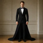Black Groom Suit With Train, Mens Wedding Tuxedo, Luxury Prom Suit, Custom Formal Outfit