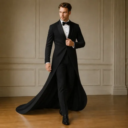 Black Groom Tuxedo With Train, Mens Wedding Suit, Long Tailcoat Tuxedo, Luxury Formal Outfit