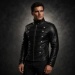Black Leather Biker Jacket Men, Military Style Jacket, Gothic Moto Coat