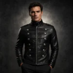 Black Military Leather Jacket, Mens Punk Moto Jacket, Stand Collar Coat