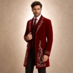 Burgundy Groom Tailcoat, Mens Wool Wedding Jacket, Silver Embroidered Formal Coat, Victorian Gothic Suit