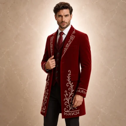 Burgundy Groom Tailcoat, Mens Wool Wedding Jacket, Silver Embroidered Formal Coat, Victorian Gothic Suit