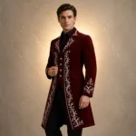 Burgundy Velvet Groom Coat, Mens Victorian Wedding Jacket, Silver Embroidered Tailcoat, Gothic Formal Suit
