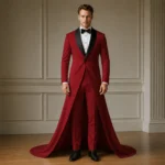 Burgundy Wedding Tuxedo for Men, Long Tail Groom Suit, Red Formal Tux, Modern Black Lapel Outfit
