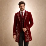 Burgundy Wool Wedding Coat for Men, Embroidered Groom Jacket, Victorian Tailcoat, Luxury Formal Suit, Custom Tuxedo