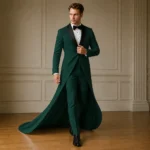 Emerald Green Groom Tuxedo With Train, Mens Wedding Suit, Black Shawl Lapel Formal Outfit