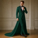 Green Tailcoat Tuxedo for Men, Custom Groom Suit, Black Lapel Formal Wedding Outfit
