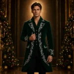 Green Victorian Wedding Coat Men, Christmas Groom Outfit, Embroidered Tailcoat