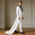 Ivory Wedding Tuxedo for Men, Long Tail Groom Suit, White Formal Tux, Modern Black Lapel Outfit