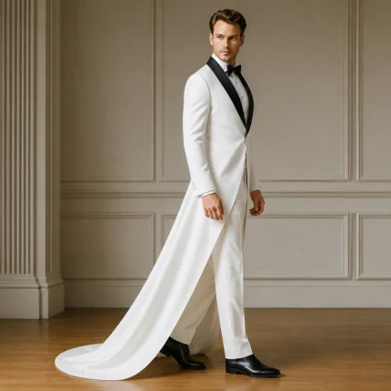 Ivory Wedding Tuxedo for Men, Long Tail Groom Suit, White Formal Tux, Modern Black Lapel Outfit