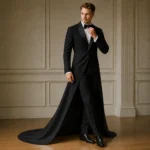 Luxury Black Wedding Suit, Mens Long Tailcoat Tuxedo, Formal Groom Outfit With Train