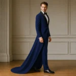 Luxury Navy Blue Wedding Tuxedo, Mens Groom Tailcoat Suit, Black Shawl Lapel Prom Outfit