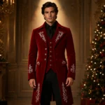 Luxury Red Velvet Coat Men, Victorian Groom Suit, Christmas Party Jacket