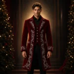Luxury Red Velvet Frock Coat, Mens Embroidered Christmas Outfit, Victorian Dinner Jacket