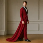 Luxury Red Wedding Tuxedo, Mens Groom Tailcoat Suit, Long Train Formal Outfit, Black Lapel Tux