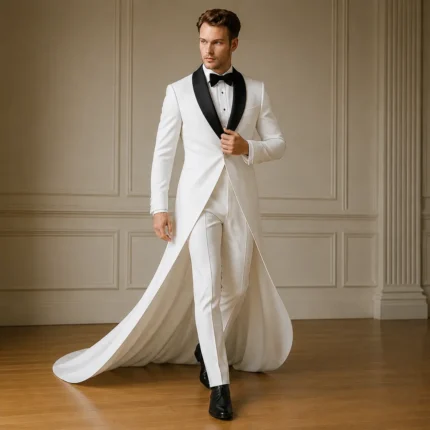 Luxury White Wedding Tuxedo, Mens Groom Tailcoat Suit, Long Train Formal Outfit, Black Lapel Tux