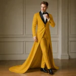 Luxury Yellow Wedding Tuxedo, Mens Groom Tailcoat Suit, Long Train Prom Formal Outfit