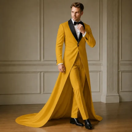 Luxury Yellow Wedding Tuxedo, Mens Groom Tailcoat Suit, Long Train Prom Formal Outfit