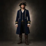Men Blue Wool Pirate Coat, Captain Costume Jacket, Gold Embroidered Cuffs, Cosplay Outfit