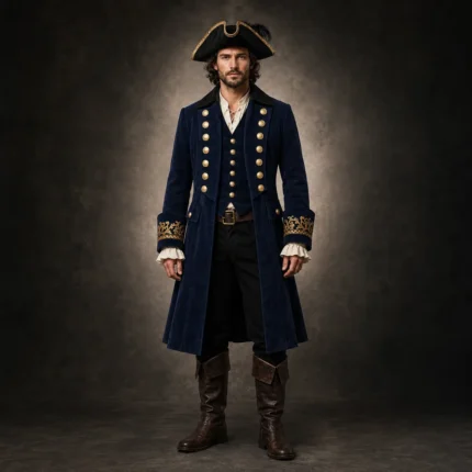Men Blue Wool Pirate Coat, Captain Costume Jacket, Gold Embroidered Cuffs, Cosplay Outfit