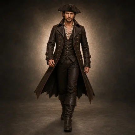 Men Brown Leather Pirate Coat, Steampunk Captain Jacket, Renaissance Costume, Halloween Cosplay Outfit, LARP Coat