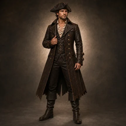 Men Brown Leather Pirate Costume, Long Steampunk Coat, Captain Hook Style Jacket, Renaissance Cosplay Outfit