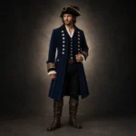 Men Navy Wool Pirate Coat, Captain Costume Jacket, Gold Cuff Embroidery, Historical Outfit