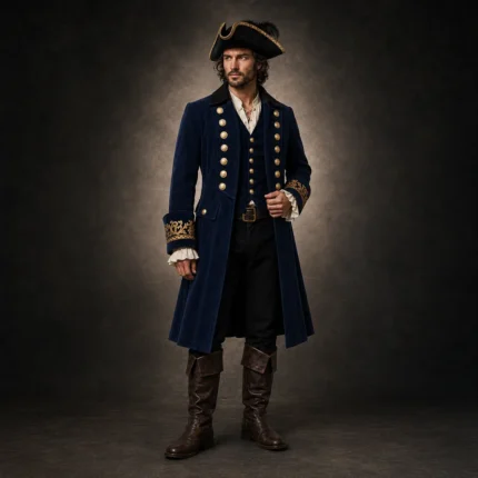 Men Navy Wool Pirate Coat, Captain Costume Jacket, Gold Cuff Embroidery, Historical Outfit