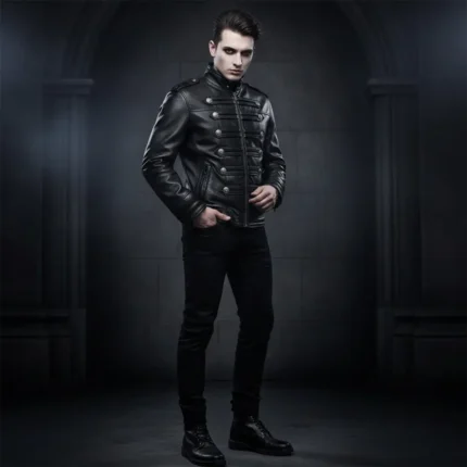 Men's Black Leather Military Jacket