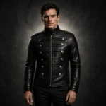Mens Black Moto Jacket, Silver Button Military Jacket, Gothic Leather Coat