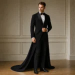 Mens Black Wedding Tuxedo, Long Train Groom Suit, Shawl Lapel Formal Wear, Custom Tux