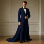 Mens Blue Tuxedo With Train, Luxury Wedding Suit, Black Lapel Groom Reception Wear