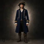 Men's Blue Wool Pirate Coat, Captain Costume Jacket, Gold Embroidered Cuffs, Cosplay Outfit
