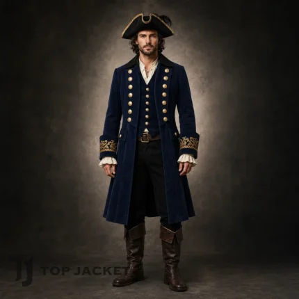 Men's Blue Wool Pirate Coat, Captain Costume Jacket, Gold Embroidered Cuffs, Cosplay Outfit