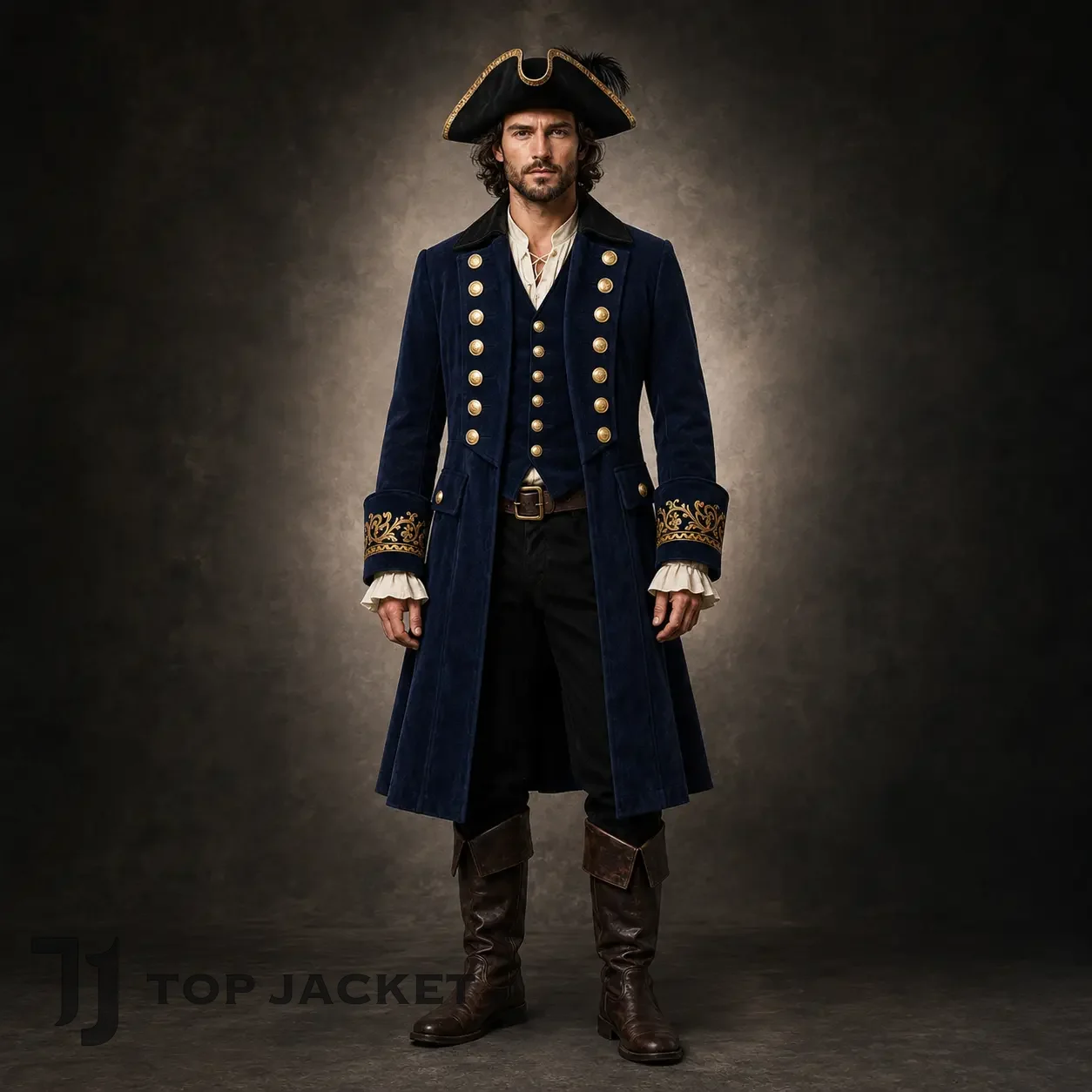 Men's Blue Wool Pirate Coat, Captain Costume Jacket, Gold Embroidered Cuffs, Cosplay Outfit Men's Blue Wool Pirate Coat, Captain Costume Jacket, Gold Embroidered Cuffs, Cosplay Outfit