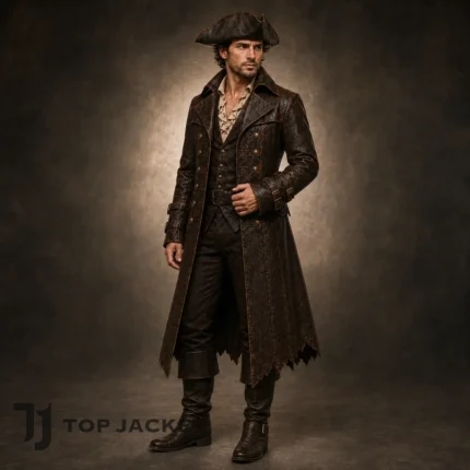 Men's Brown Pirate Trench Coat, Long Leather Captain Jacket, Steampunk Renaissance Coat, Medieval Cosplay Costume