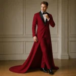Mens Burgundy Groom Suit, Red Wedding Tuxedo With Train, Black Shawl Lapel Jacket, Formal Outfit