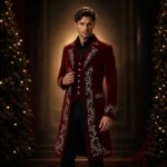 Mens Burgundy Holiday Coat, Gothic Velvet Blazer, Christmas Party Wedding Suit