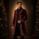 Mens Christmas Groom Coat, Red Velvet Wedding Jacket, Gothic Holiday Formal Suit