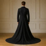 Mens Gothic Black Tuxedo Suit, Long Train Wedding Outfit, Elegant Groom Reception Tux