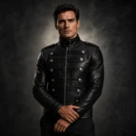 Mens Gothic Leather Jacket, Black Military Officer Coat, Steampunk Biker